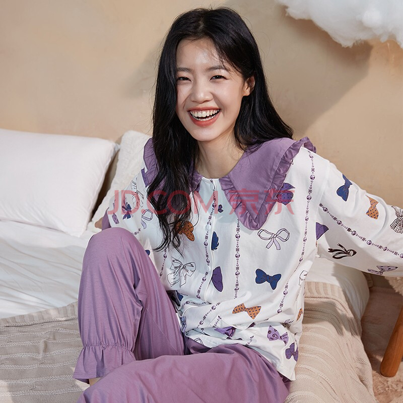 安之伴睡衣女21年早秋新品长袖套头娃娃领蝴蝶结印花甜美可爱舒适亲肤