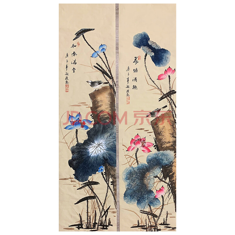 书画篆刻 国画 《荷花条屏》刘敏艳 138x35x4京