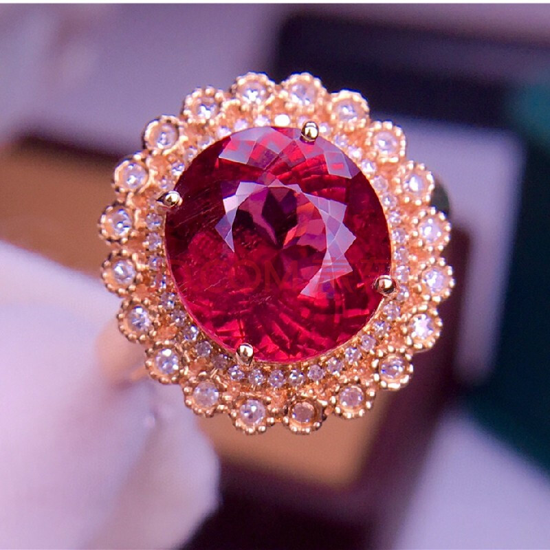 红碧玺戒指 18k玫瑰金重金足反钻打造 晶体干净 水润透亮 颜色艳丽