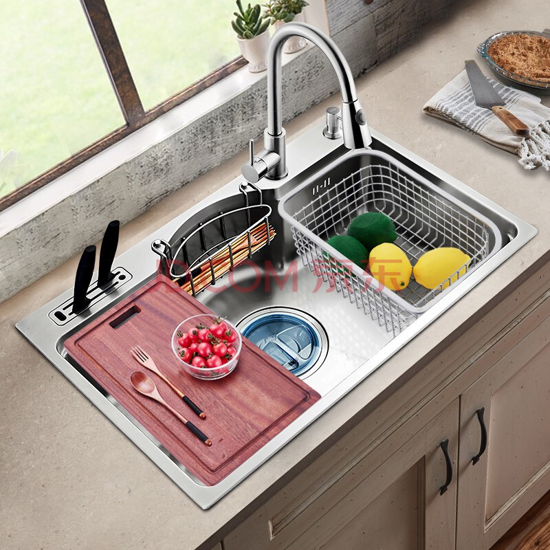 阿洛里304不锈钢水槽家用洗菜池韩式大单槽淘菜盆水池一体拉伸单盆大