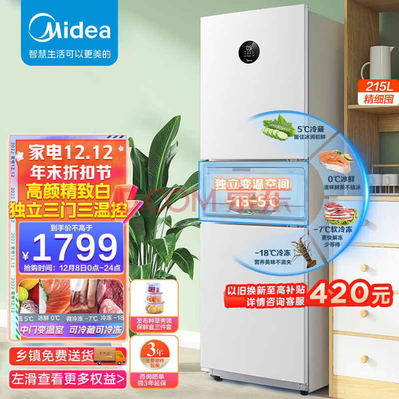 美的(Midea)215升变频一级能效三门家用电冰箱风冷无霜宿舍租房小型小冰箱智能家电节能低噪BCD-215WTPZM(E),美的(Midea)215升变频一级能效三门家用电冰箱风冷无霜宿舍租房小型小冰箱智能家电节能低噪BCD-215WTPZM(E),第1张