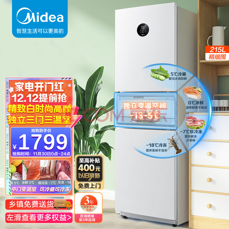 美的(Midea)215升变频一级能效三门家用电冰箱风冷无霜宿舍租房小型小冰箱智能家电节能低噪BCD-215WTPZM(E),美的(Midea)215升变频一级能效三门家用电冰箱风冷无霜宿舍租房小型小冰箱智能家电节能低噪BCD-215WTPZM(E),第1张