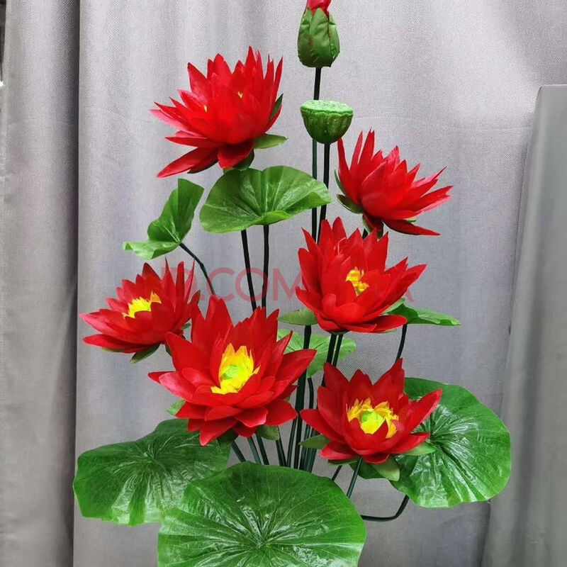 仿真荷花假花7色绢花睡莲莲花插花供佛鱼缸装饰 15头荷花红色不带盆