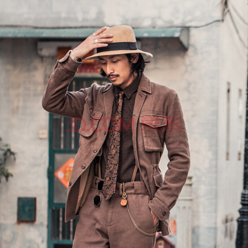 【夹克外套男】原创棉麻工装夹克男士 秋冬英伦猎装复古修身外套 束腰