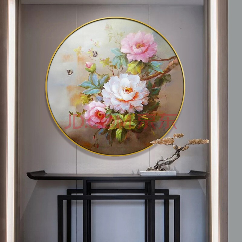 墨派 圆形手绘油画花开富贵牡丹入户玄关装饰画客厅沙发背景墙挂画