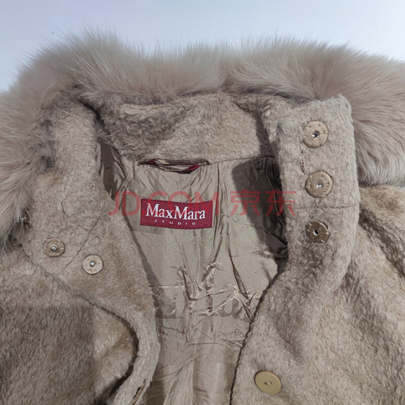 标的33 MAXMARA 中长款驼羊毛混纺毛领大衣外套 女款 34码