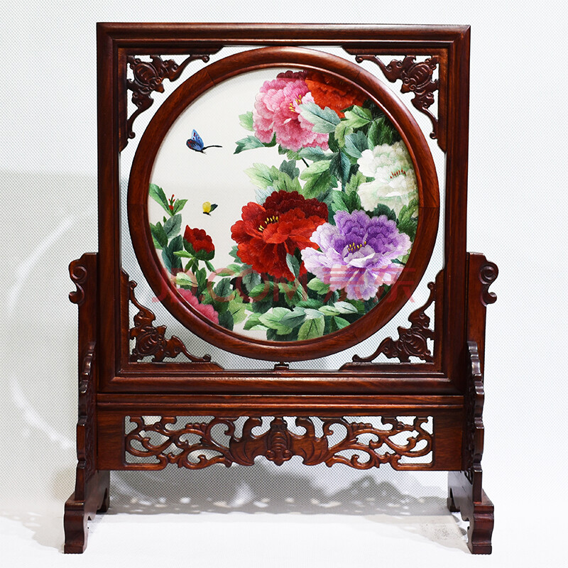 汪端行 手工苏绣 双面绣台屏 《牡丹花》 富贵平安 精美摆台 送礼佳品