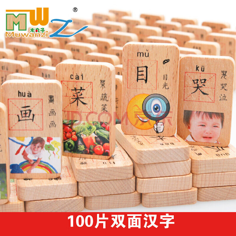 木丸子儿童木质玩具多米诺骨牌积木100片榉木双面印刷圆角汉字学习