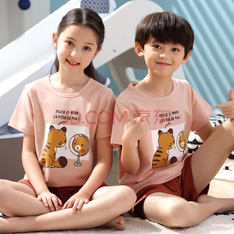 柔臣儿童睡衣男童短袖纯棉女童夏季薄款男孩女孩中大童卡通女宝宝家居