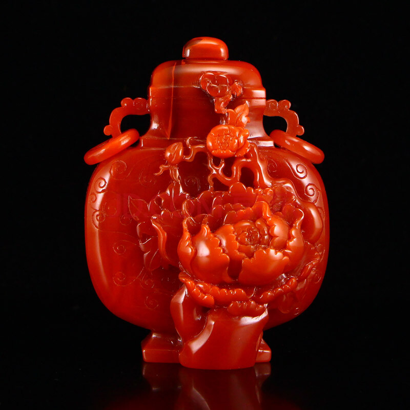 珍藏级满肉满色南红玛瑙精雕花开富贵双耳吊环瓶摆件195.83克全榕珠宝