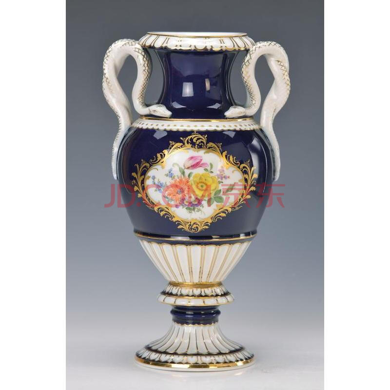 [全球拍] 1910年梅森钴蓝色背景蛇形手柄花瓶