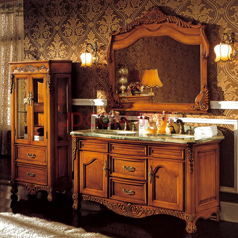 欧式仿古浴室柜橡木实木卫浴柜洗手洗脸盆天然大理石台面落地柜 描金
