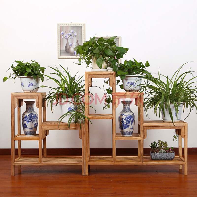 实木花架置物架家用中式榆木木制木质花盆架子多层客厅花架子室内 榆