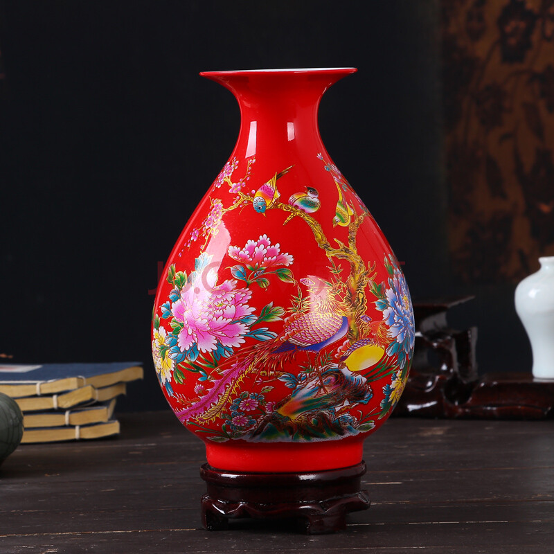 插花器家居饰品摆件 客厅餐厅装饰工艺品 红色花鸟玉壶春瓶