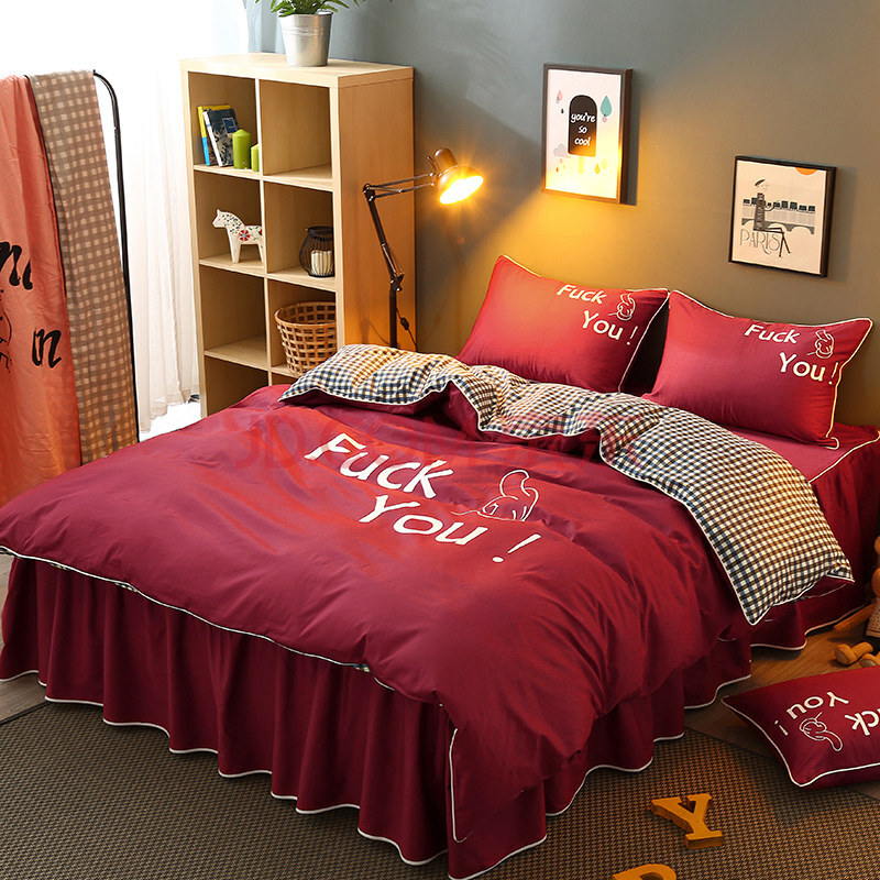 件套全棉纯棉北欧简约纯色床单被套个性网红床上用品 fuckyou-红色 2
