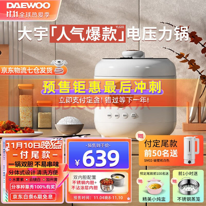 大宇（DAEWOO） 电压力锅家用小型迷你智能多功能全自动4L电饭煲高压锅煲两用二合一双内胆旗舰店 云镜白