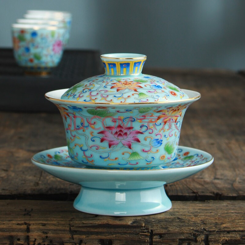 京隆堂 珐琅彩盖碗茶杯陶瓷三才茶碗茶托手工泡茶杯茶艺功夫茶具套装 