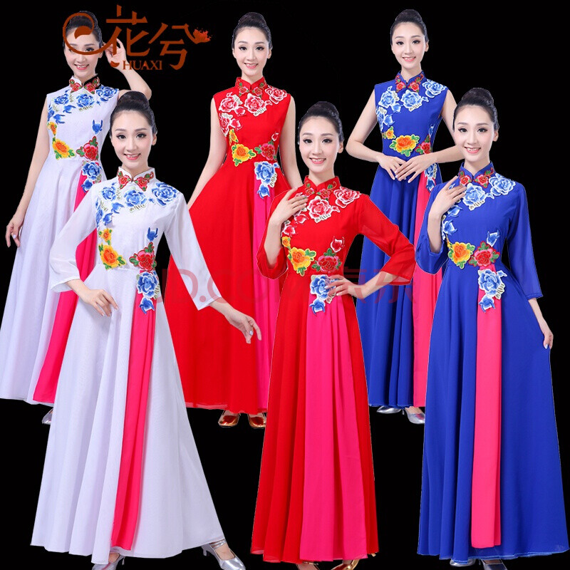 女装 旗袍/汉服 hkml 新款合唱服长裙成人大合唱团演出服装女古典扇子