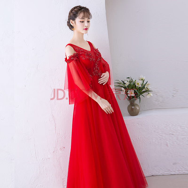 敬酒服新娘2019秋冬新款遮肚子高腰怀孕期大码结婚礼服长款女 红色长