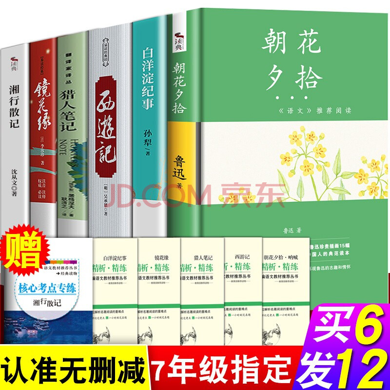 全套6冊朝花夕拾魯迅西遊記白洋淀紀事湘行散記獵人筆記鏡花緣原著