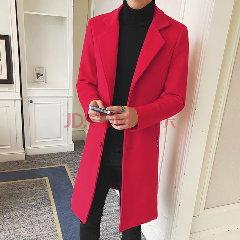 风衣中长款2019新款初秋男士大红毛呢外套男版潮流冬季大衣 709 红色