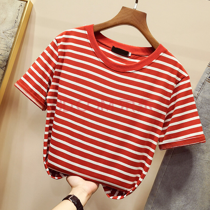 纯棉短袖女t恤宽松百搭时尚ins上衣服打底衫条纹春夏秋冬休闲短袖
