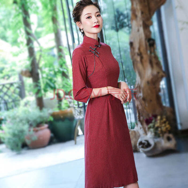 秀观唐清秋2019秋装新款改良棉格子文艺七分袖民国风中长款旗袍裙