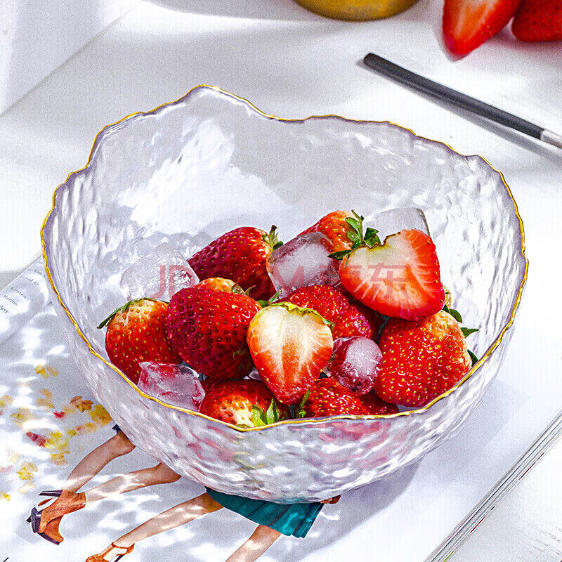 日式锤纹金边水果碗沙拉碗大号果盘家用创意透明不规则冰川玻璃碗水果
