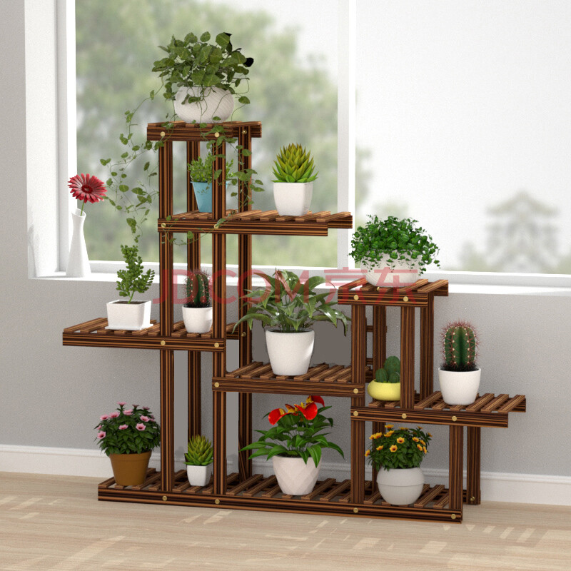 乐泡l型阳台实木花架 多层多肉室内实木花架子客厅花几木质落地多肉