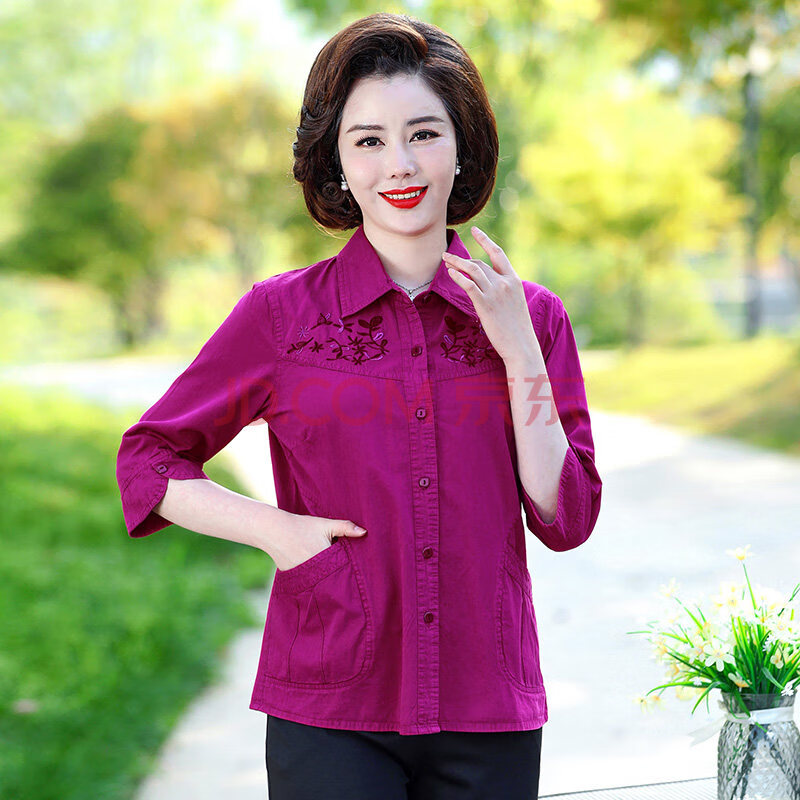 中老年夏装中袖纯棉上衣女50岁妈妈全棉宽松七分袖衬衫奶奶装衬衣 玫