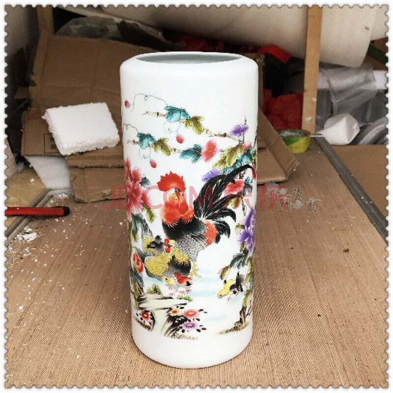 鸡毛掸子插瓶值景德镇陶瓷器仿古粉彩福帽筒掸装饰花瓶摆件