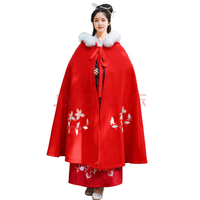 民族服饰女冬斗篷 日常披风连帽外套冬加绒鹿绣花长款中国古风 红色