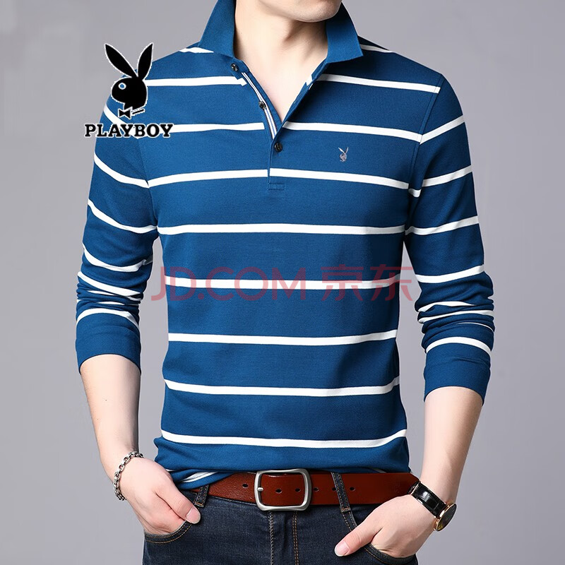 花花公子长袖t恤男春秋季新款男士翻领polo衫男装条纹体恤男式打底衫