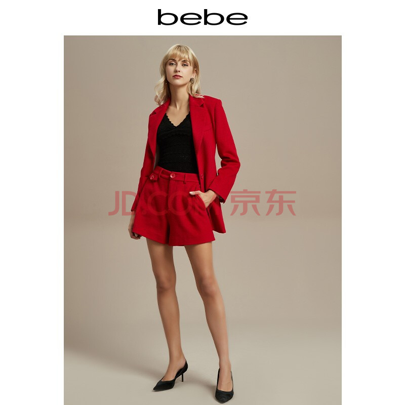 bebe 2019冬季新品女士含棉修身西装绑带收腰外套 440110 红色/012 s