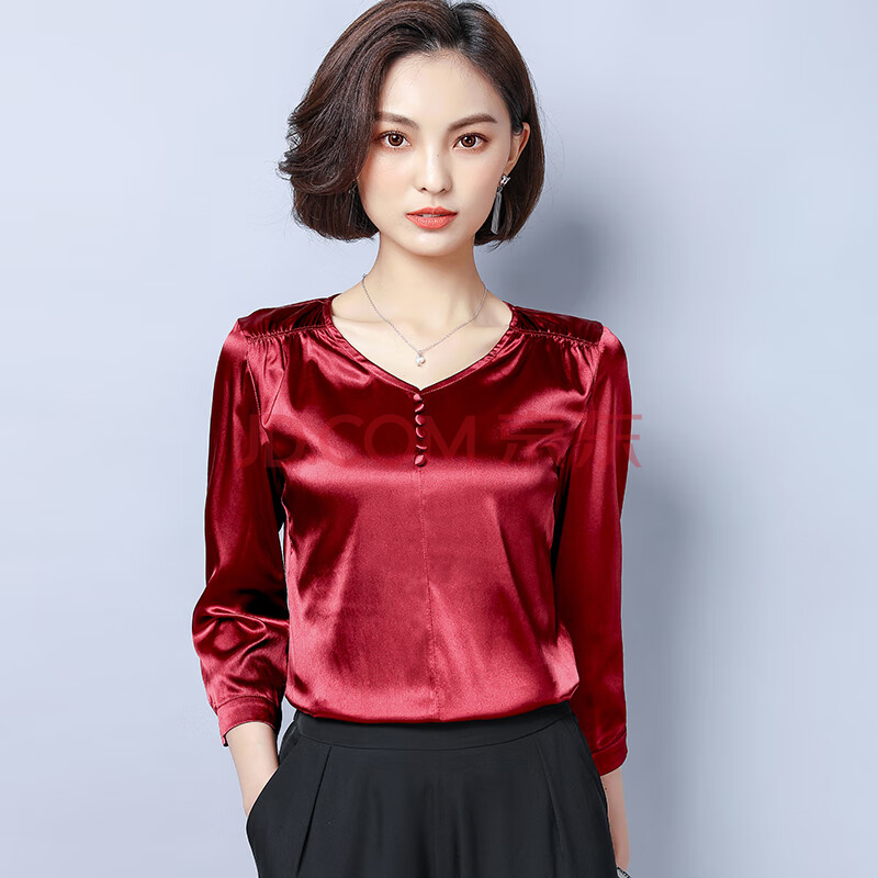 女长袖v领纯色仿真丝百搭打底衫2020春季新款轻熟女减龄气质ol上衣 酒