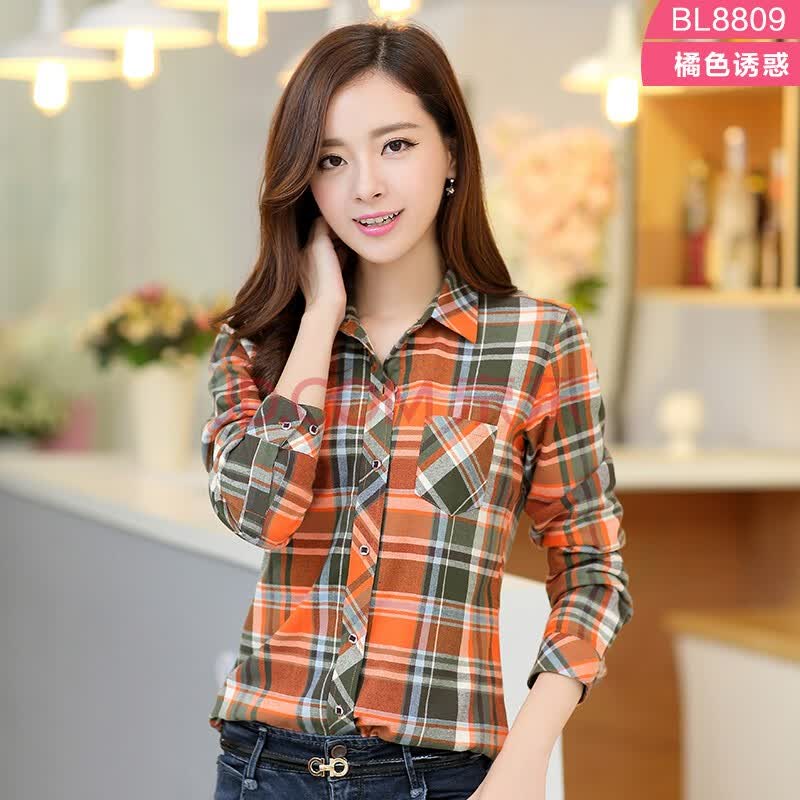 品牌: 柏莉鸟 商品名称:柏莉鸟春季新品女士纯棉格子长袖衬衫时尚休闲