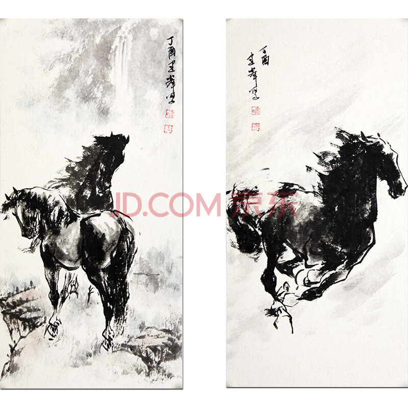 当代画马高手 乔建峰《良驹 两幅》