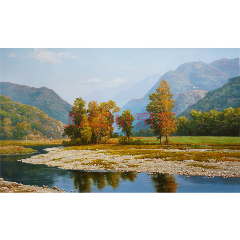 朝鲜一级画家:郑哲雄《蓝天碧水的山间》油画作品