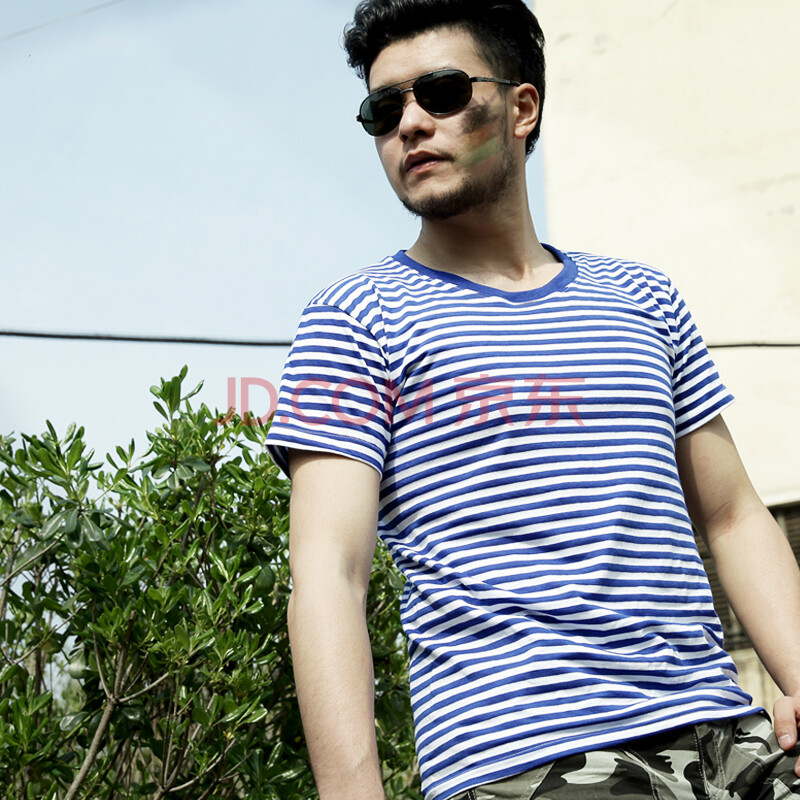 夏季海魂衫短袖t恤蓝白经典条纹领海军风军迷男t打底衫 蓝色 170