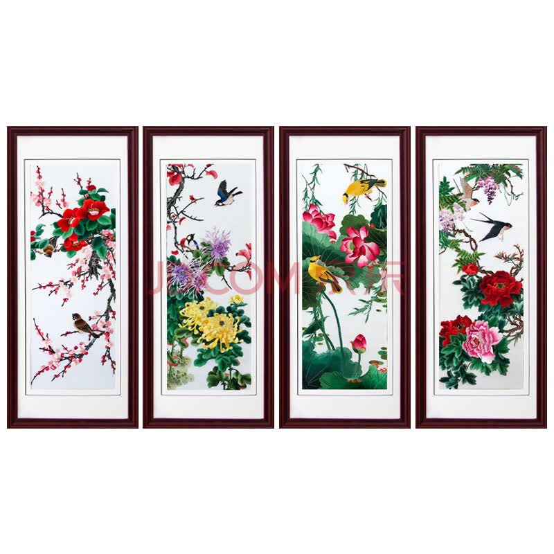 苏绣手工刺绣《花鸟四条屏》
