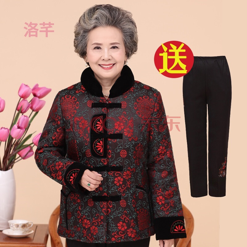 加厚棉衣中老年媽媽裝加絨棉襖60-70-80歲棉服女 福綠大紅花送棉褲 xl