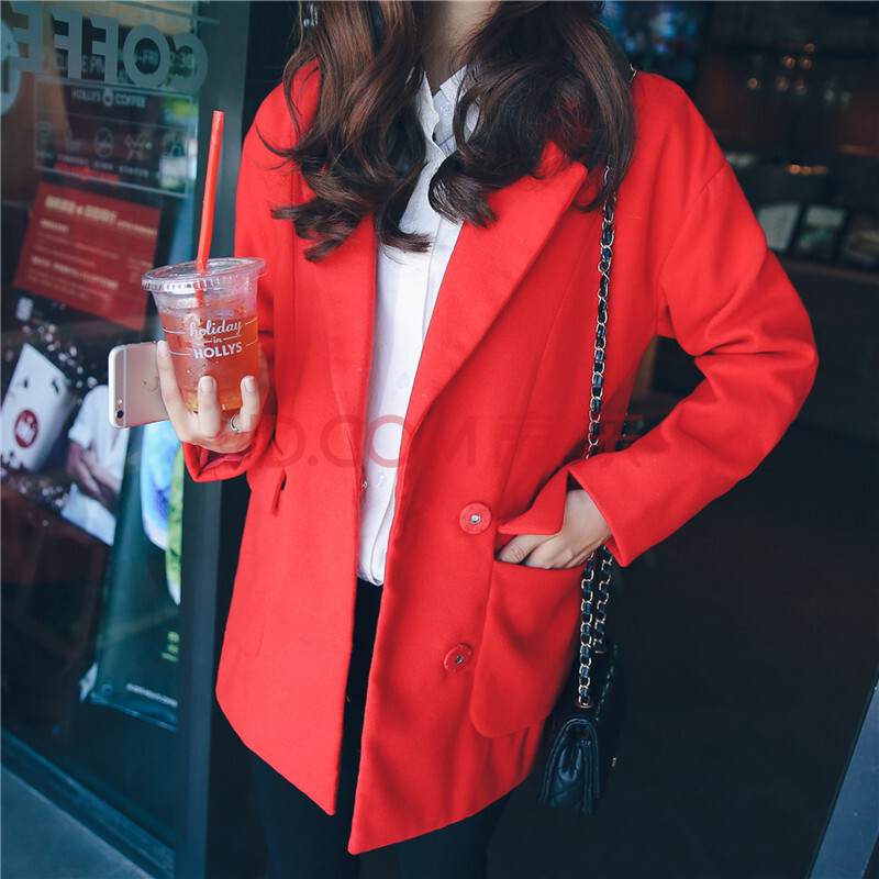 明梦衣社 2015秋冬新款简约呢大衣外套 8611-76 红色 xl