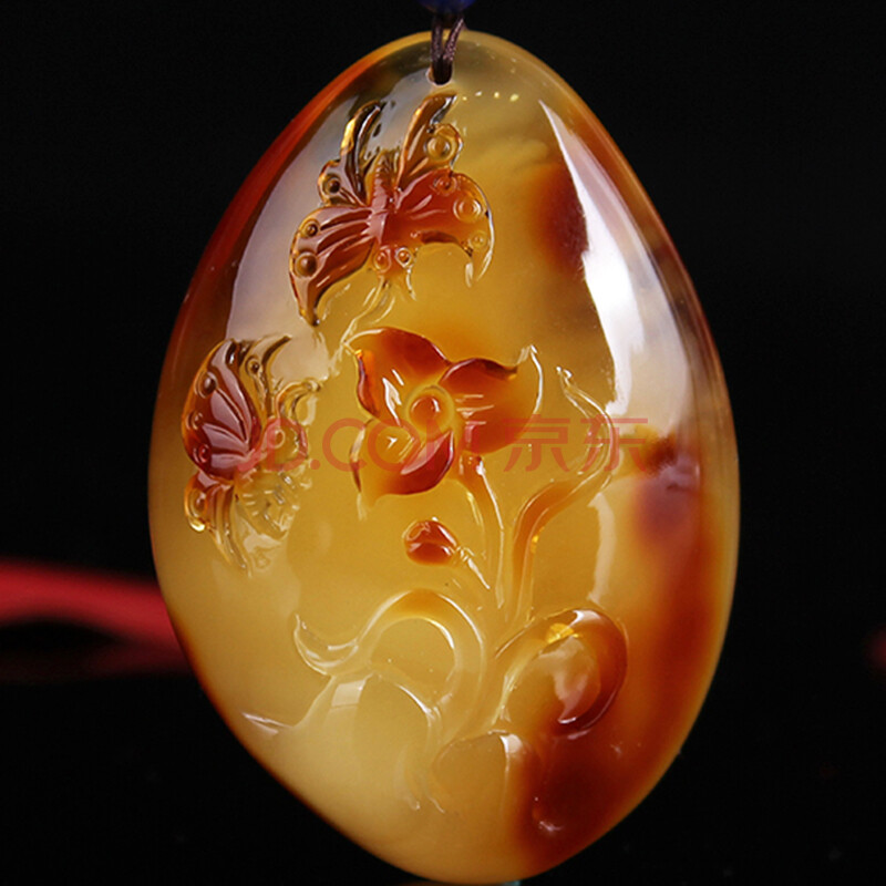 蜜蜡俏色巧雕满蜡蝶恋花吊坠 重量28.17g(含链)