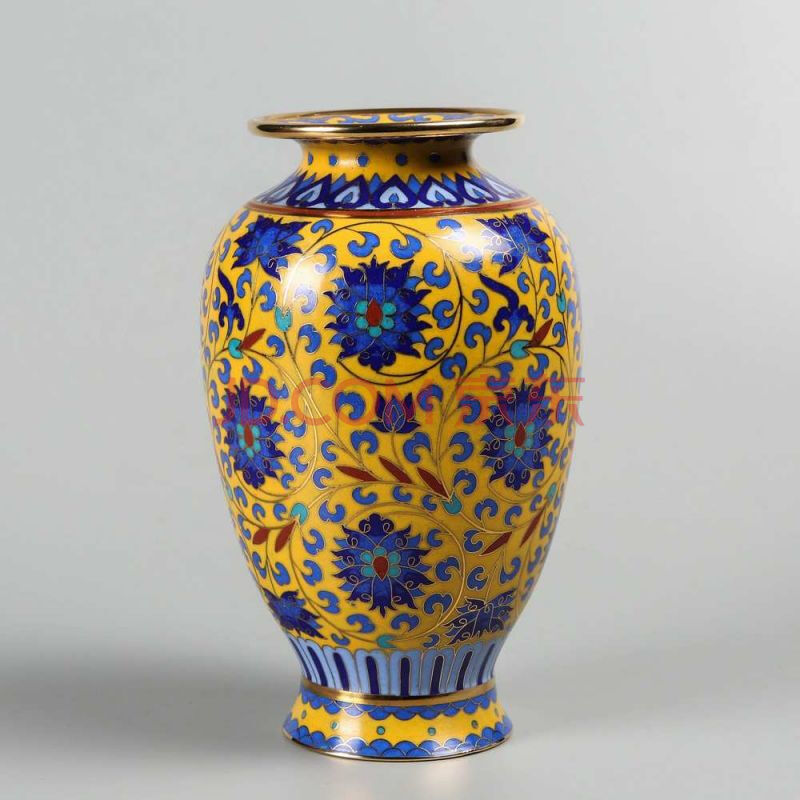 景泰蓝缠莲纹花瓶黄地18*10.6cm 铜胎掐丝珐琅aa366702
