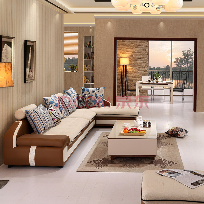逸乐居 布艺组合转角现代简约皮布大小户型沙发 客厅沙发 米黄咖啡