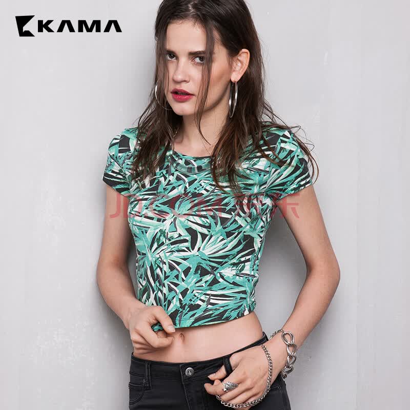 卡玛kama 2015夏季新款女装 休闲百搭纯棉圆领短款t恤女 7215586 绿色