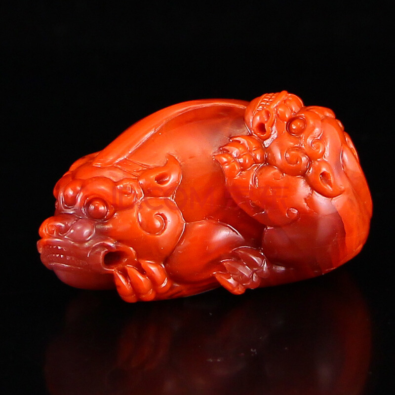 满肉柿子红南红玛瑙苏工精雕携子上朝貔貅把件76.2克全榕珠宝