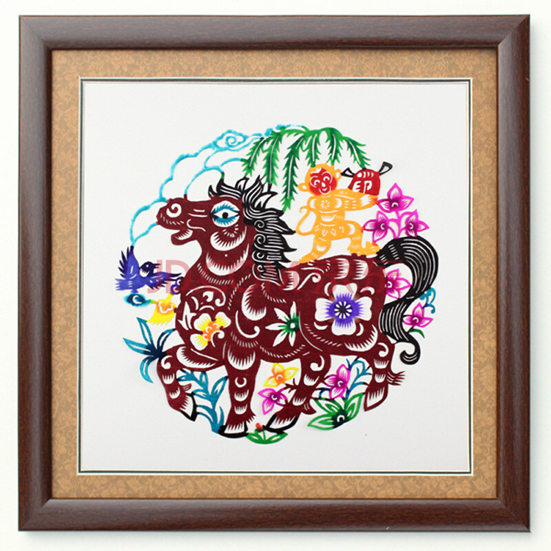 中国风陕西剪纸窗花民间手工艺品家居玄关装饰画彩色12生肖剪纸 马