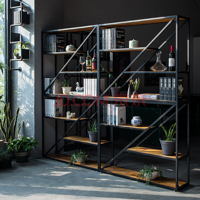 古比熊 铁艺实木隔断置物架客厅书架货架储物架收纳架工业风格子架