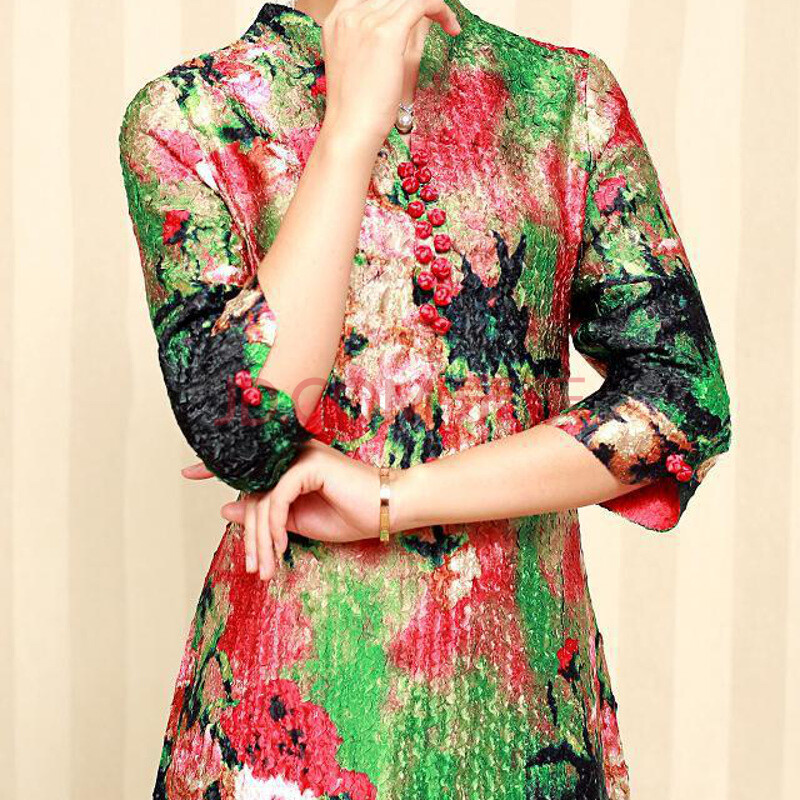 尼菲吖 中老年皱褶19扣子新款时尚复古妈妈装7分袖子上衣连衣裙 图8